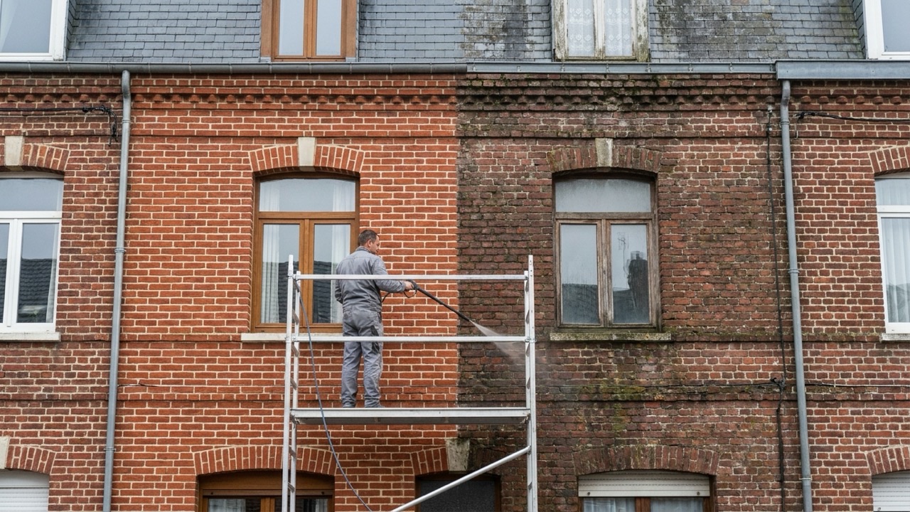 Façadier nettoyant une façade en brique à Lille